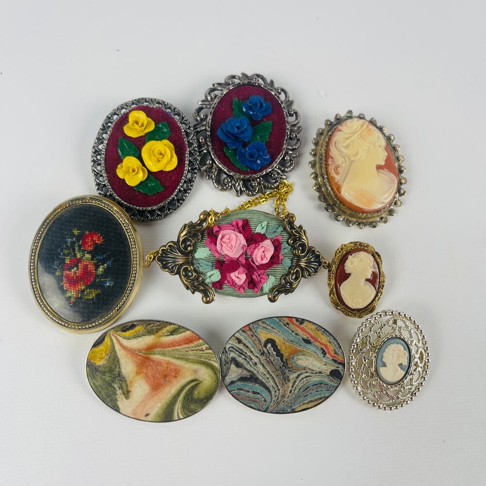 Vintage Oval Brooch Lot of 9- Cameo, Floral and Marbled Designs - Picture 5 of 5